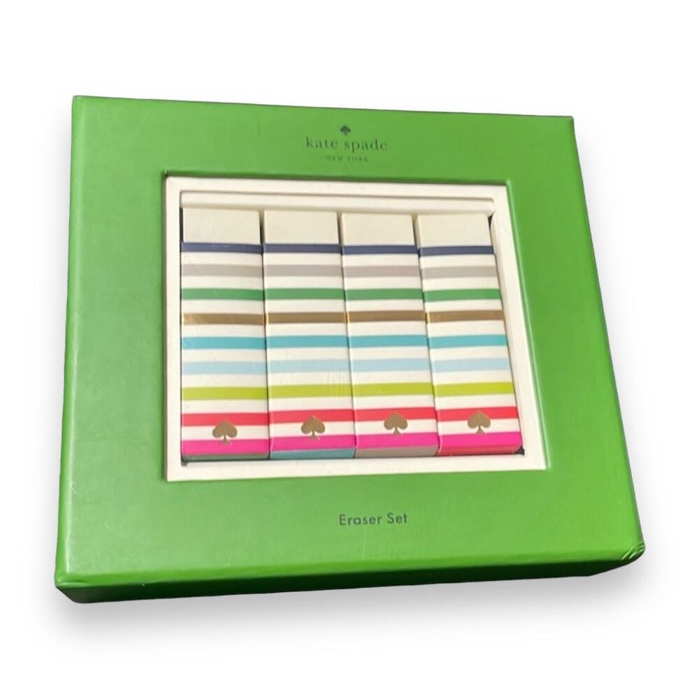 NWT Kate Spade Four White Adventure Stripe Eraser Set